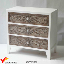 White 3 Drawers Solid Wood Antique Hand Carved Furniture